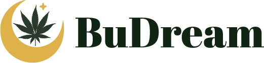 Logo BuDream con luna dorata e foglia di cannabis – simbolo di relax e sogni naturali