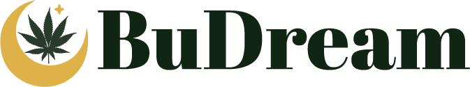 Logo BuDream con luna dorata e foglia di cannabis – simbolo di relax e sogni naturali